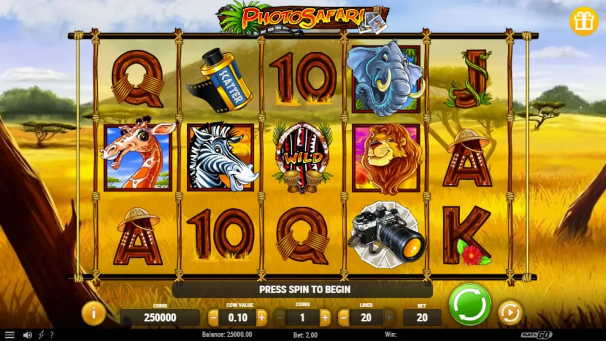 Interface do jogo de slot Photo Safari com tema de vida selvagem