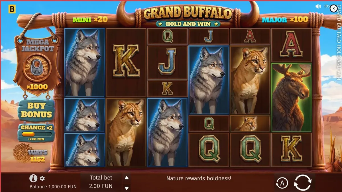 Cenário de deserto e búfalos no slot Grand Buffalo Hold and Win